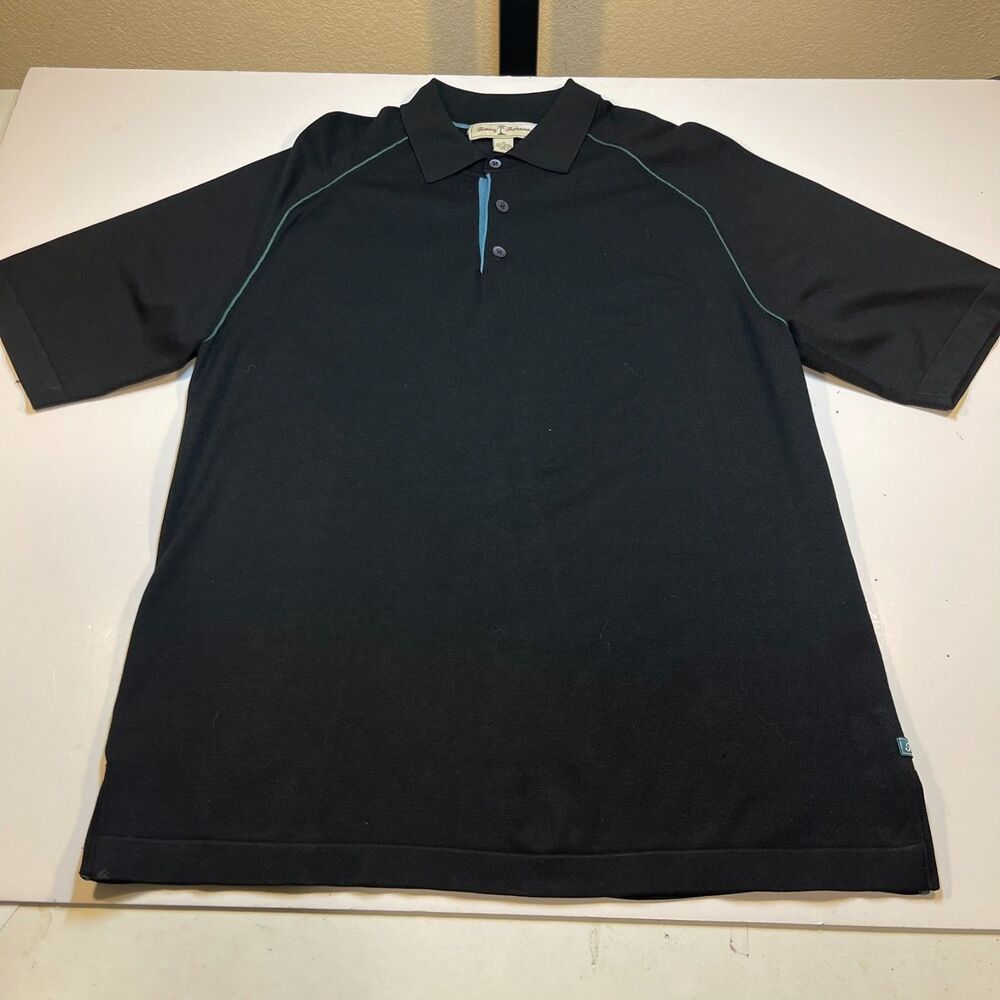 TOMMY BAHAMA Knit Polo Shirt Sz Mens M Black & Blue / Silk Blend
